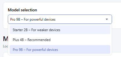 Opened LocalAIStick model selection with Starter 2B, Plus 4B and Pro 9B