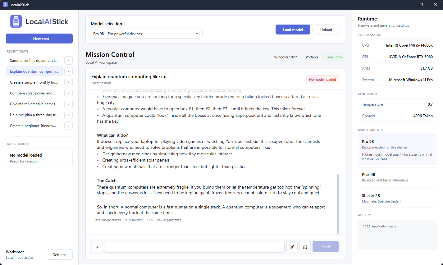 Full LocalAIStick interface with chat, model selection, history and hardware display